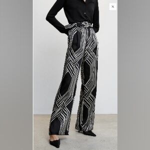 Mango Black & Cream Wide-Leg Printed Pants with Matching Belt